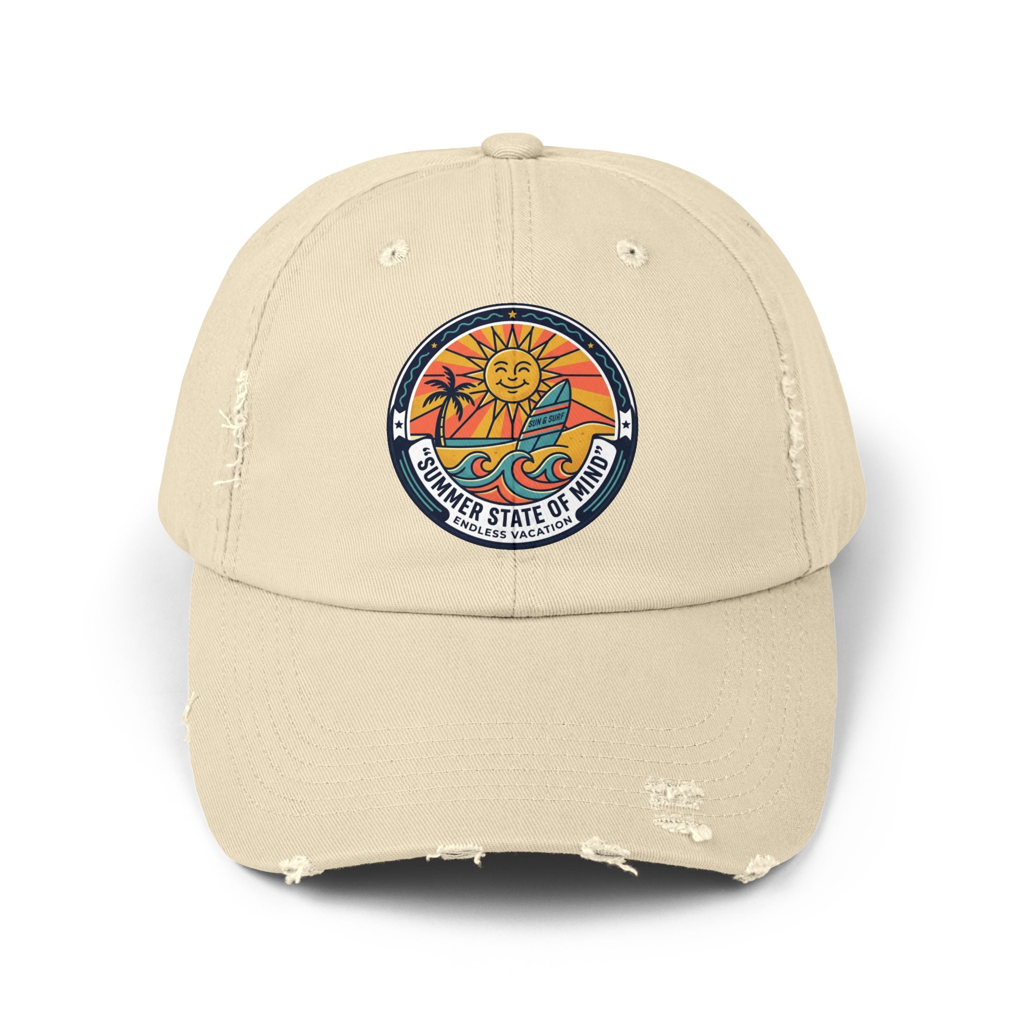 Vintage Surf Sun Patch Cap – "Summer State of Mind" Distressed Baseball Hat