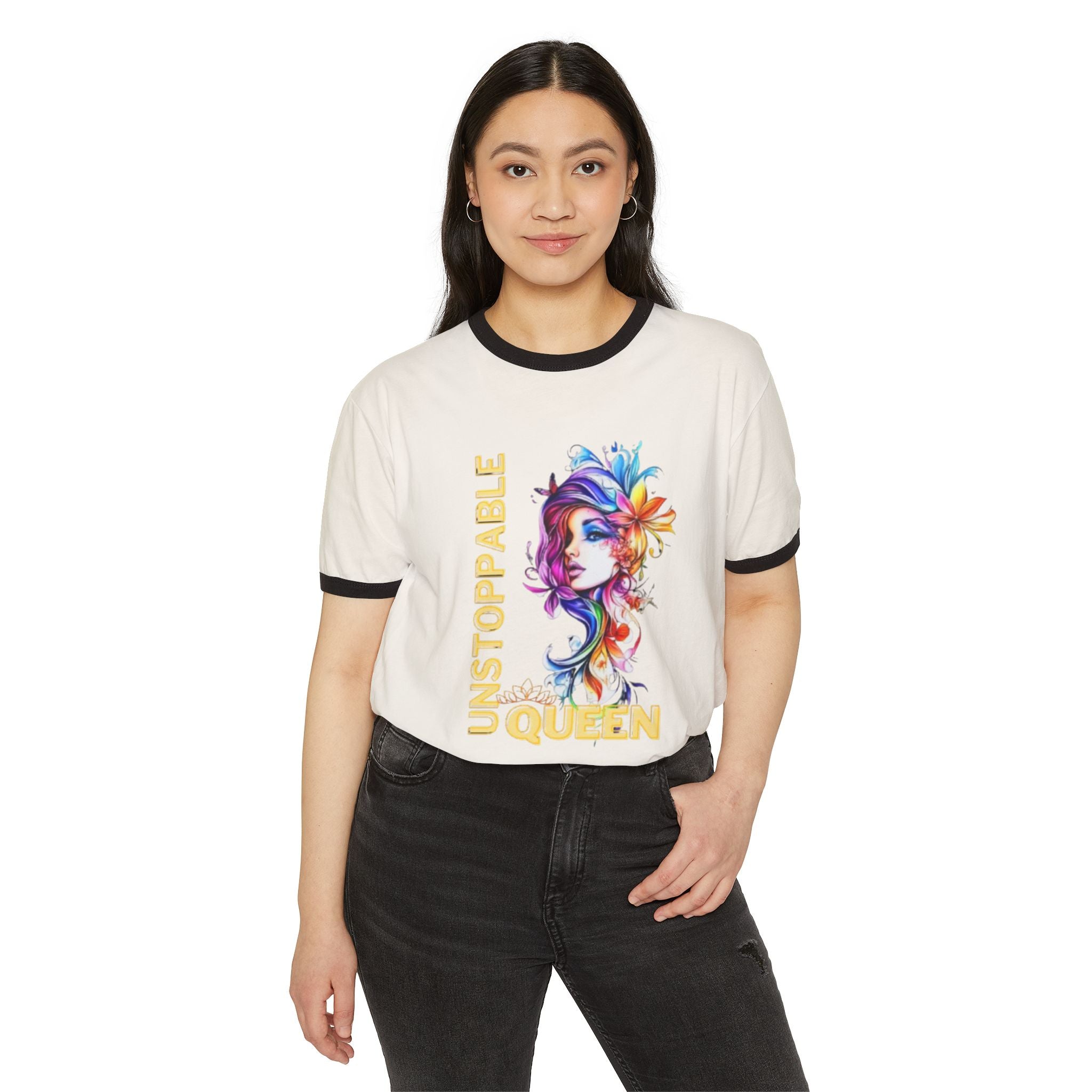 Ringer T‑Shirt — 'Unstoppable Queen' Colorful Floral Portrait Graphic