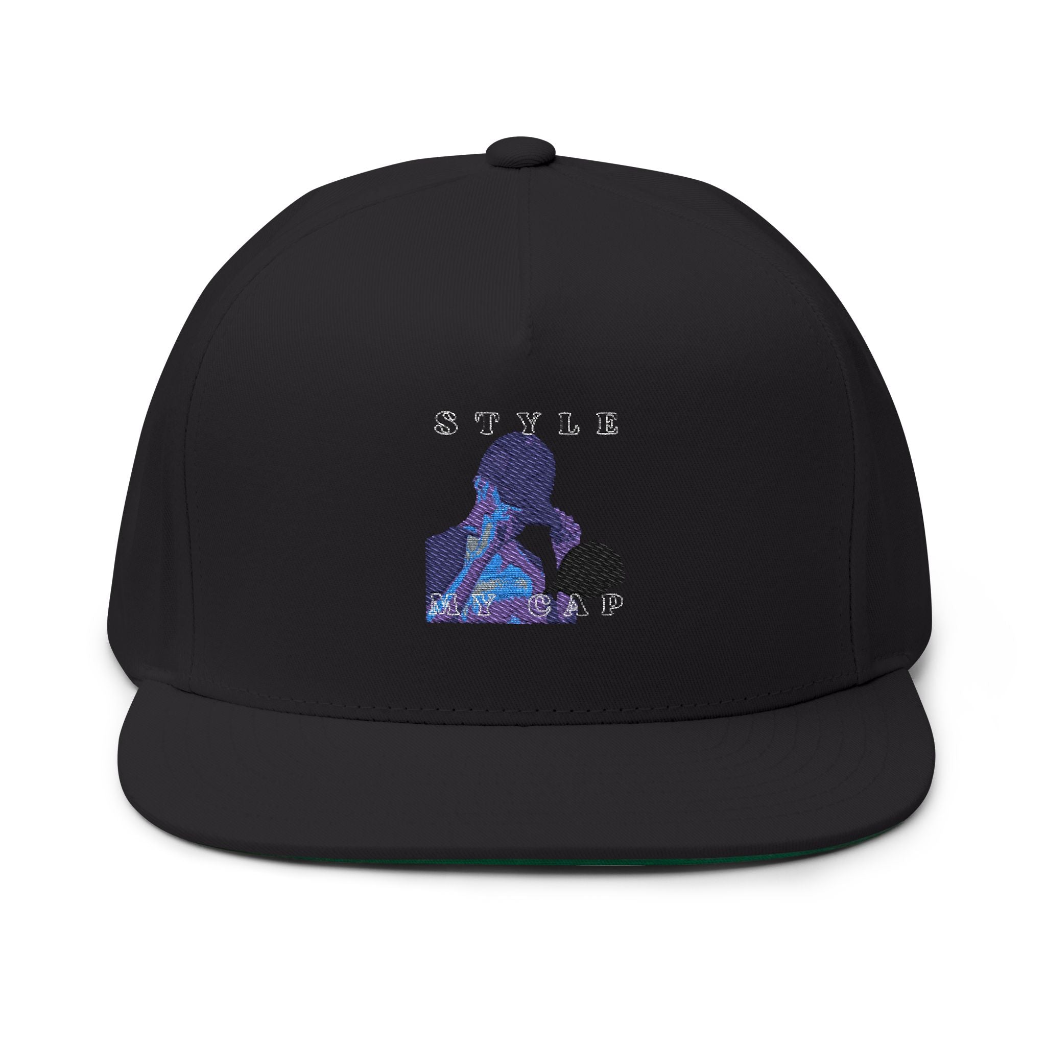 Embroidered Flat Bill Cap — Vintage Blue Silhouette Design