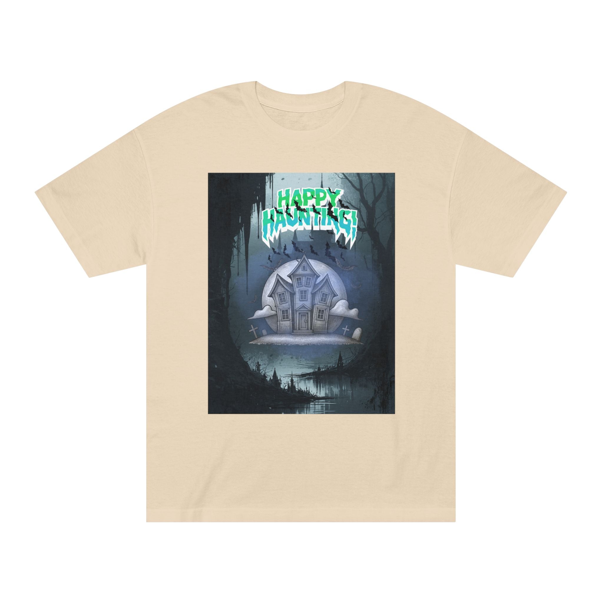 Halloween Haunted House Tee — "Happy Hauntings" Graphic Shirt