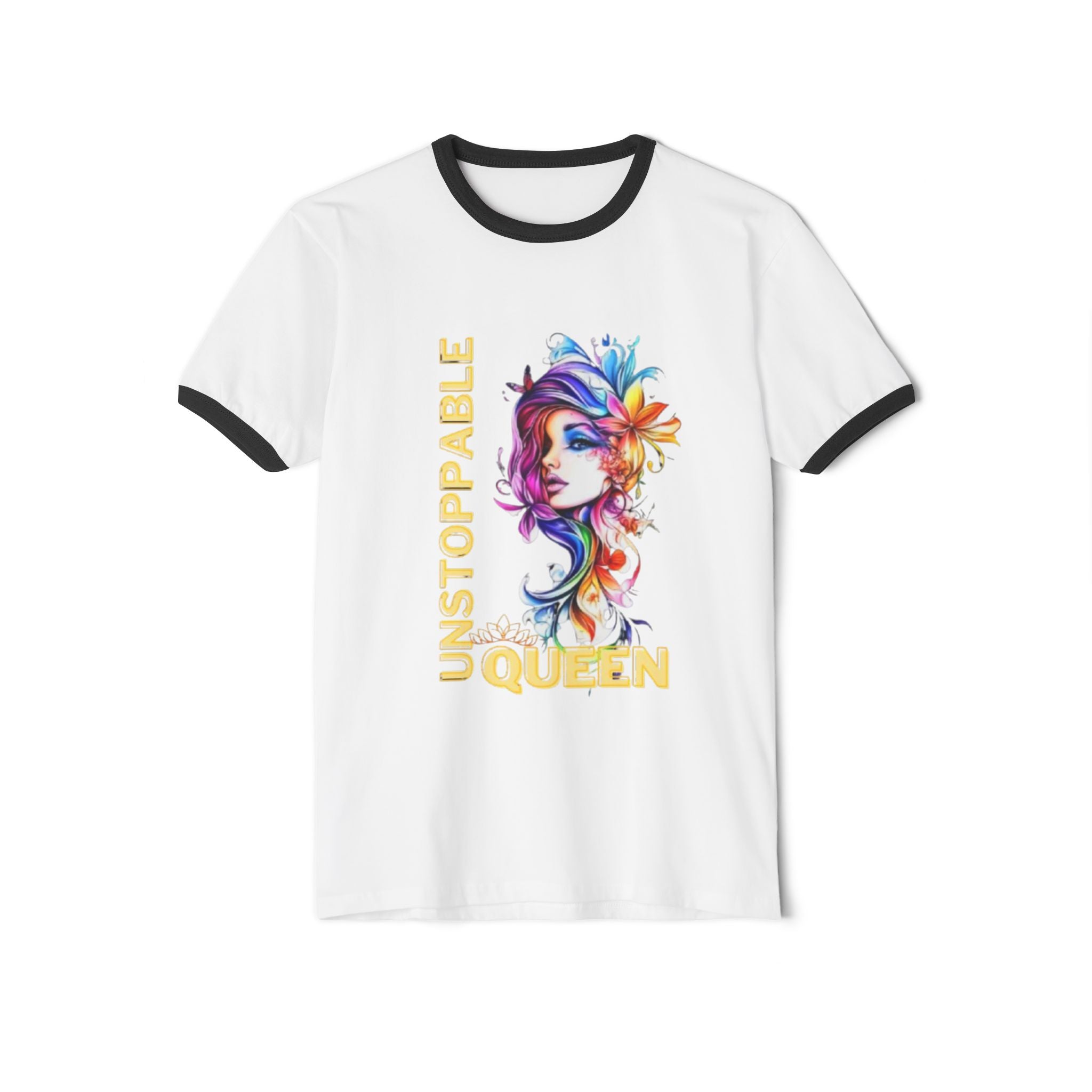 Ringer T‑Shirt — 'Unstoppable Queen' Colorful Floral Portrait Graphic