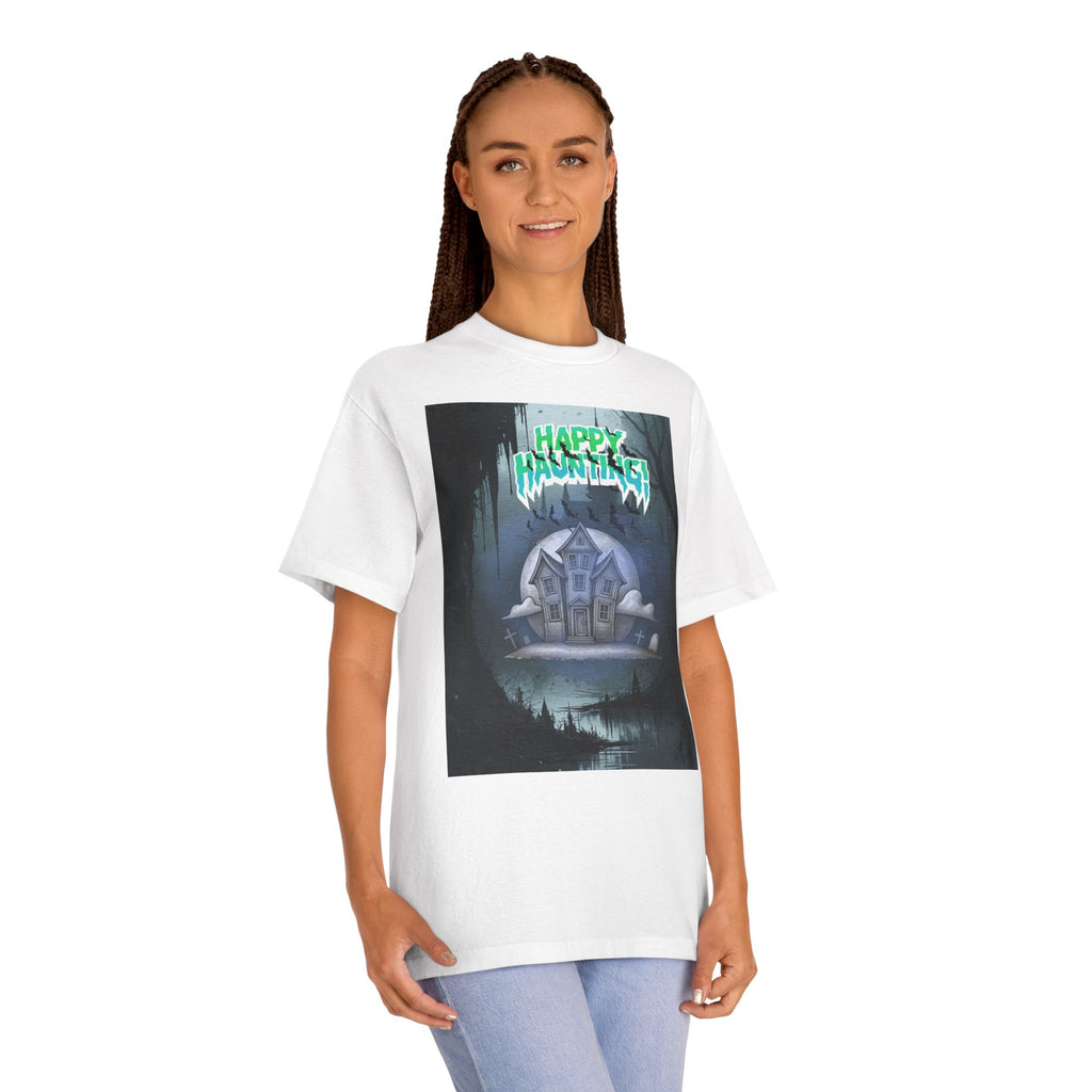 Halloween Haunted House Tee — "Happy Hauntings" Graphic Shirt