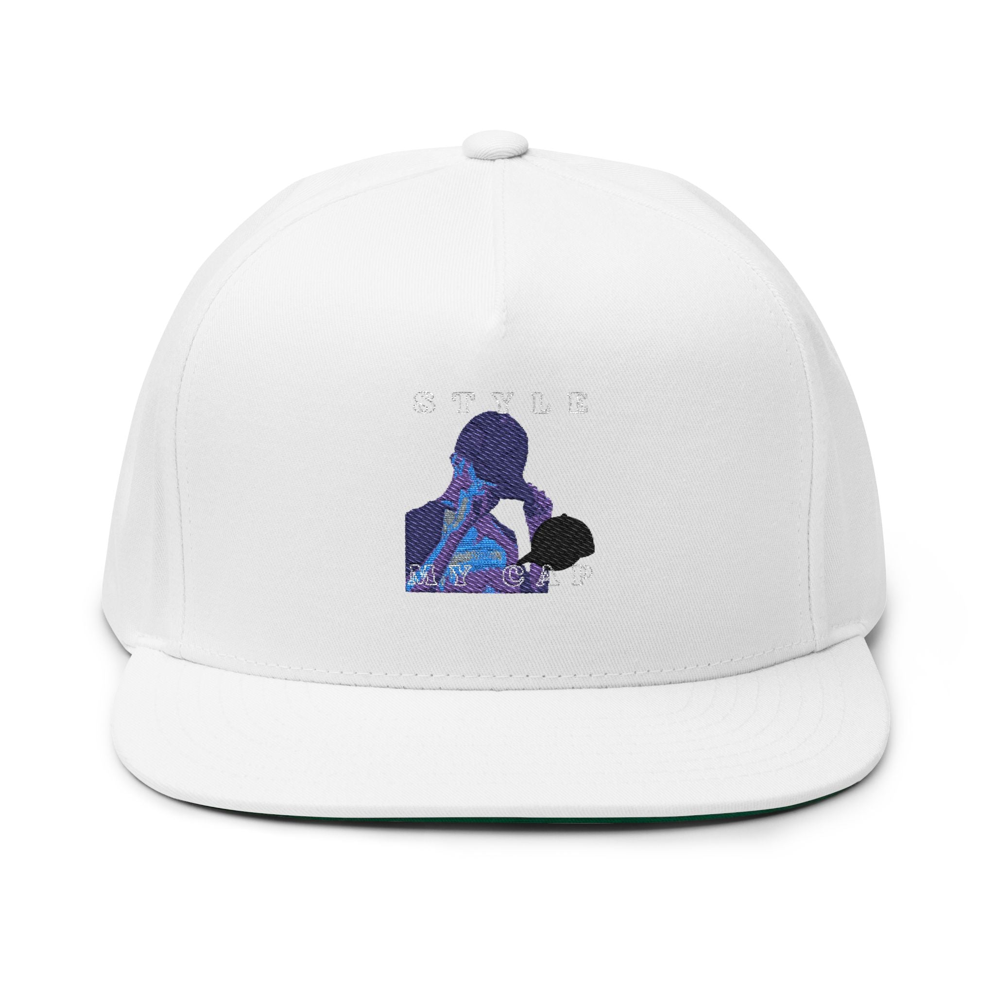 Embroidered Flat Bill Cap — Vintage Blue Silhouette Design
