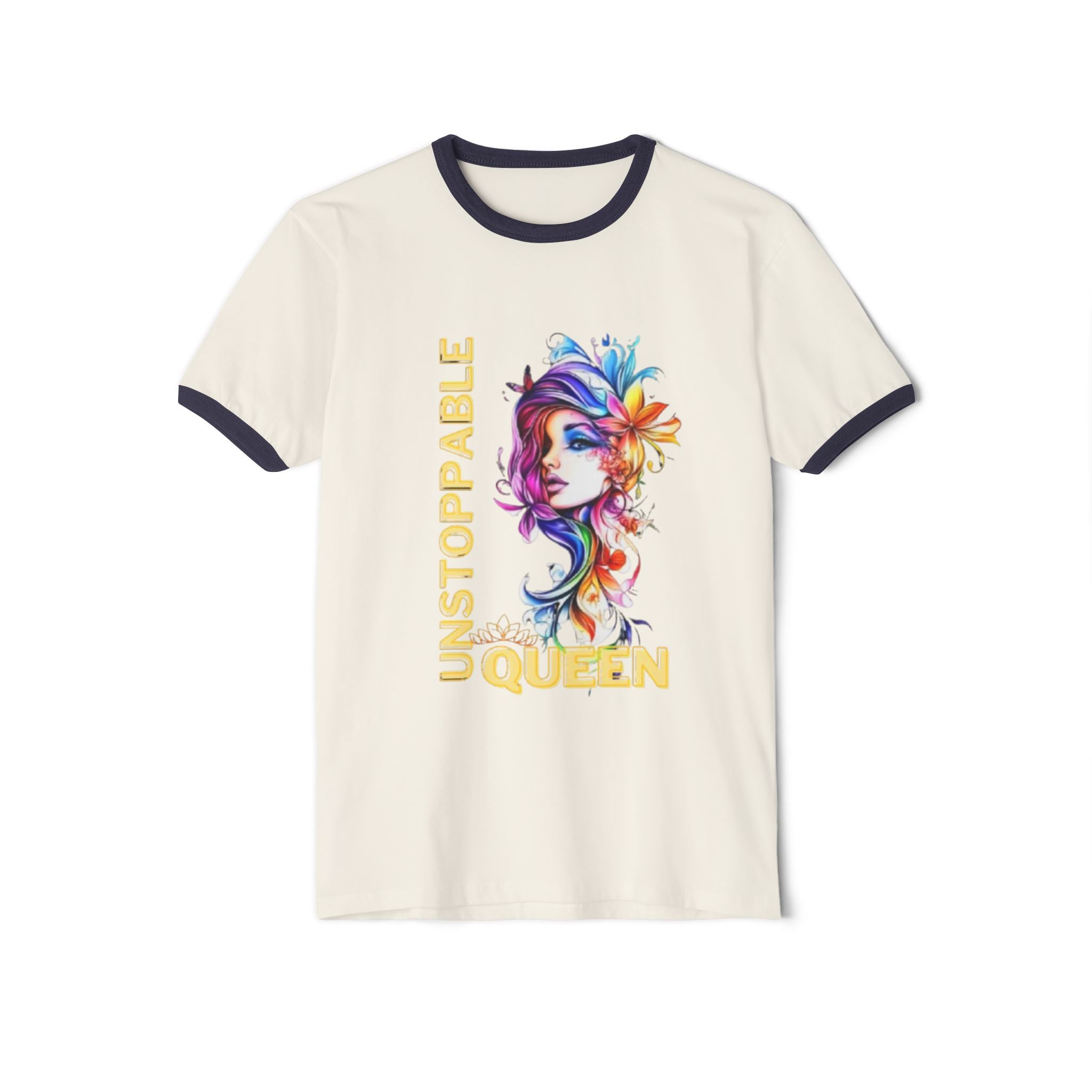 Ringer T‑Shirt — 'Unstoppable Queen' Colorful Floral Portrait Graphic