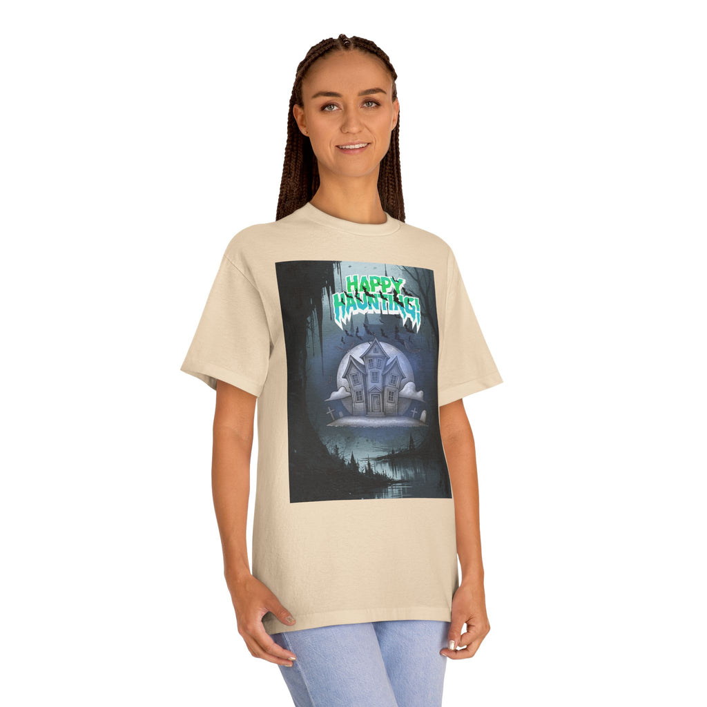 Halloween Haunted House Tee — "Happy Hauntings" Graphic Shirt