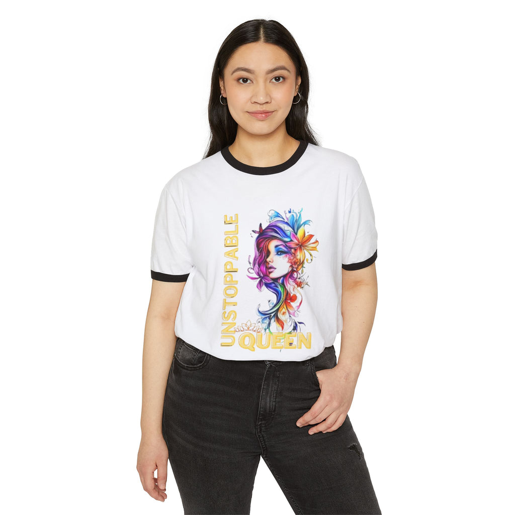 Ringer T‑Shirt — 'Unstoppable Queen' Colorful Floral Portrait Graphic