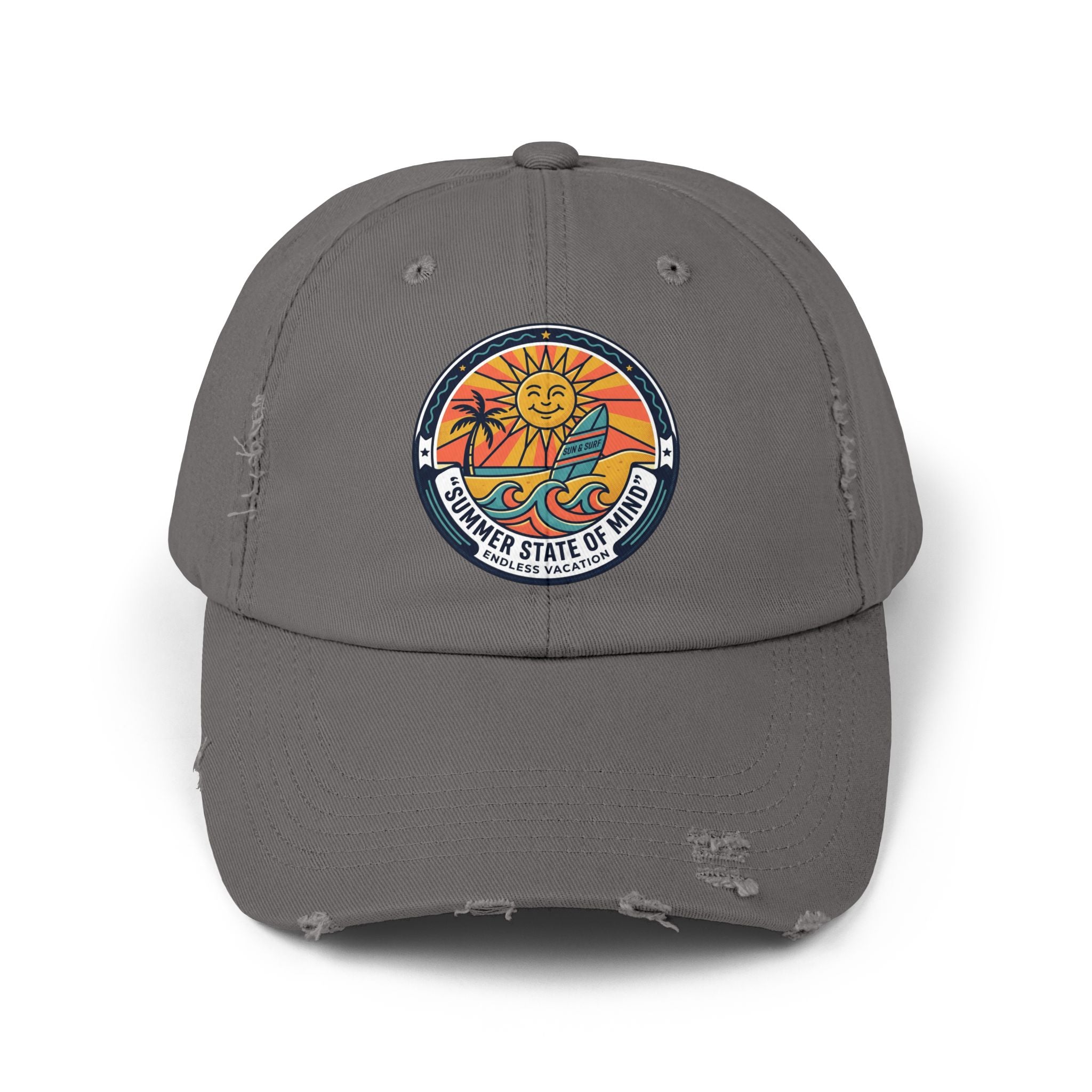 Vintage Surf Sun Patch Cap – "Summer State of Mind" Distressed Baseball Hat
