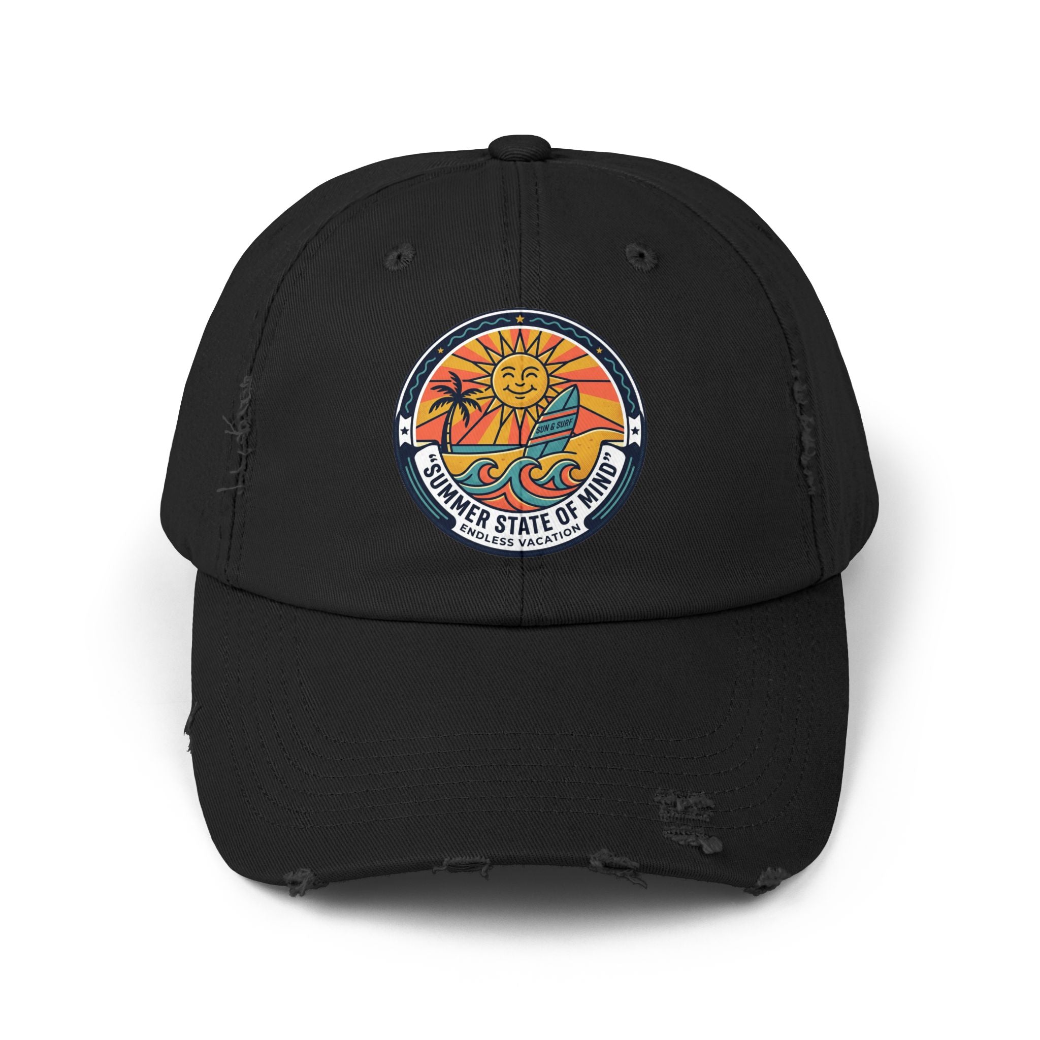 Vintage Surf Sun Patch Cap – "Summer State of Mind" Distressed Baseball Hat