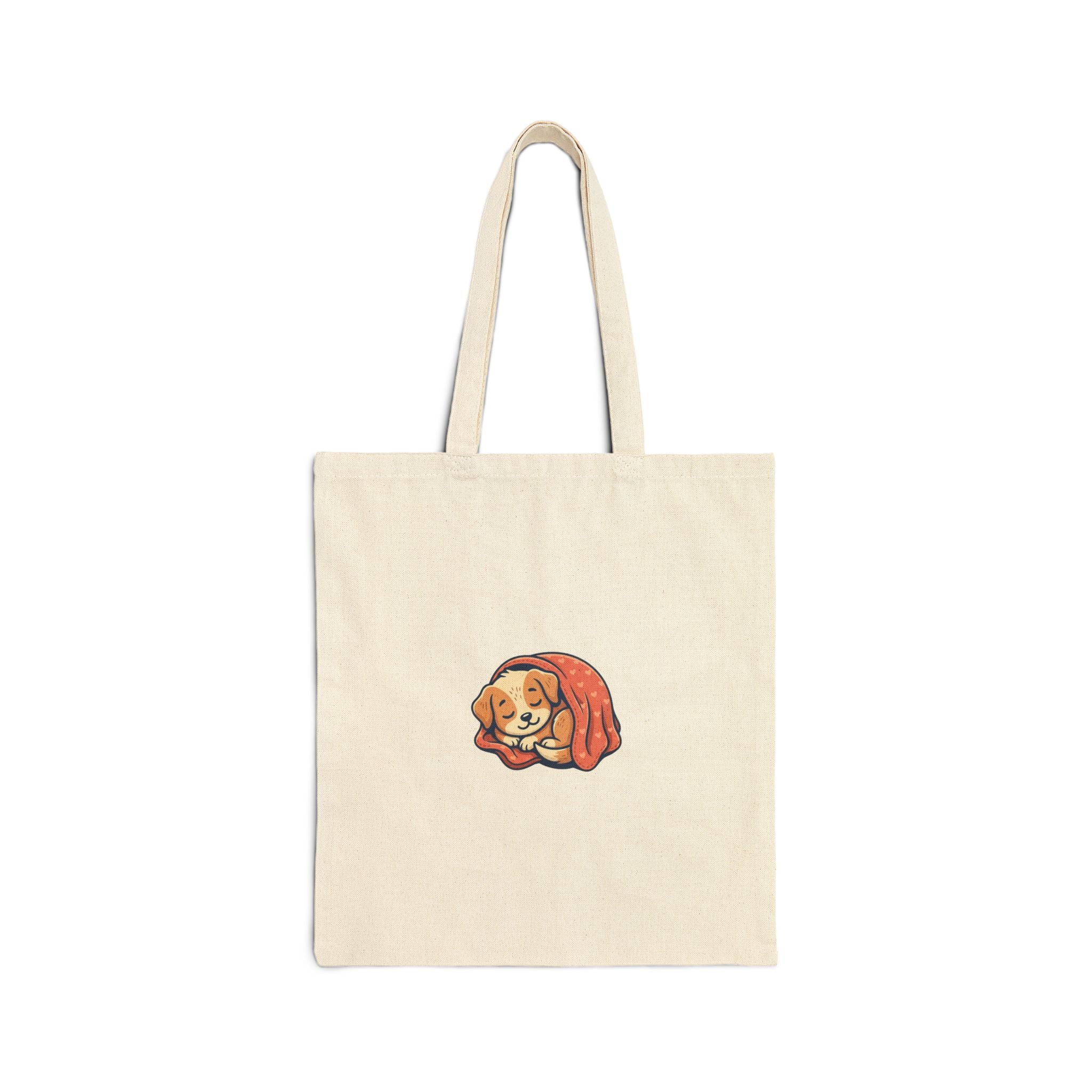 Sleepy Puppy in Blanket Cotton Canvas Tote Bag — Cute Dog Illustration Reusable Shopper