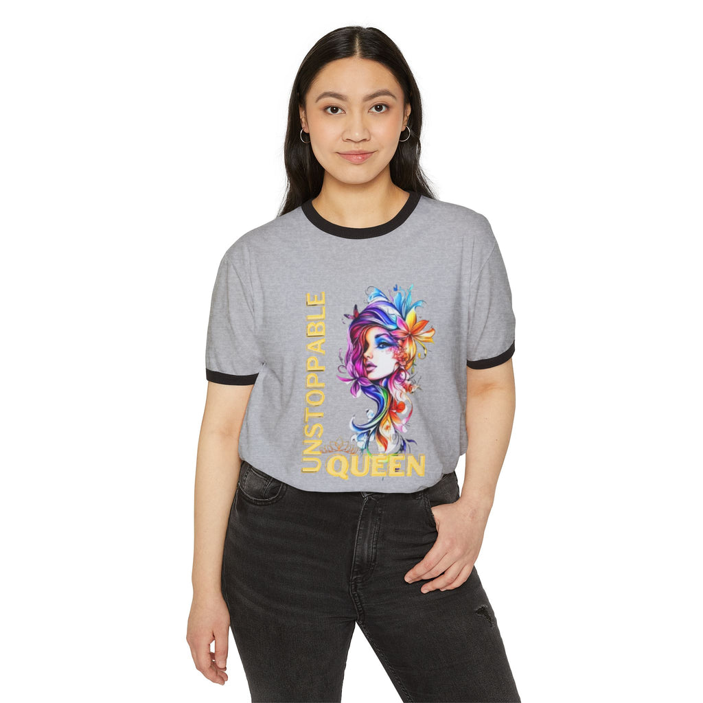 Ringer T‑Shirt — 'Unstoppable Queen' Colorful Floral Portrait Graphic