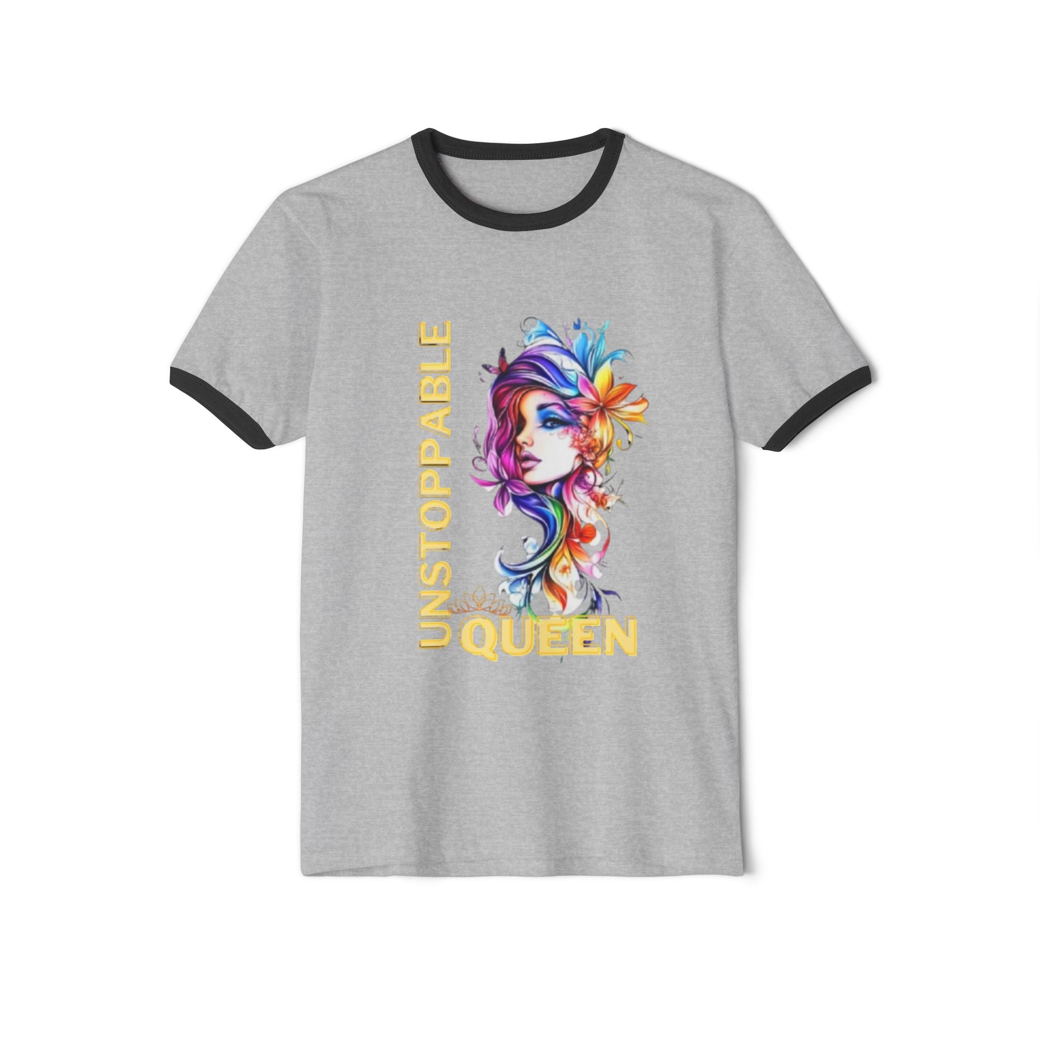 Ringer T‑Shirt — 'Unstoppable Queen' Colorful Floral Portrait Graphic