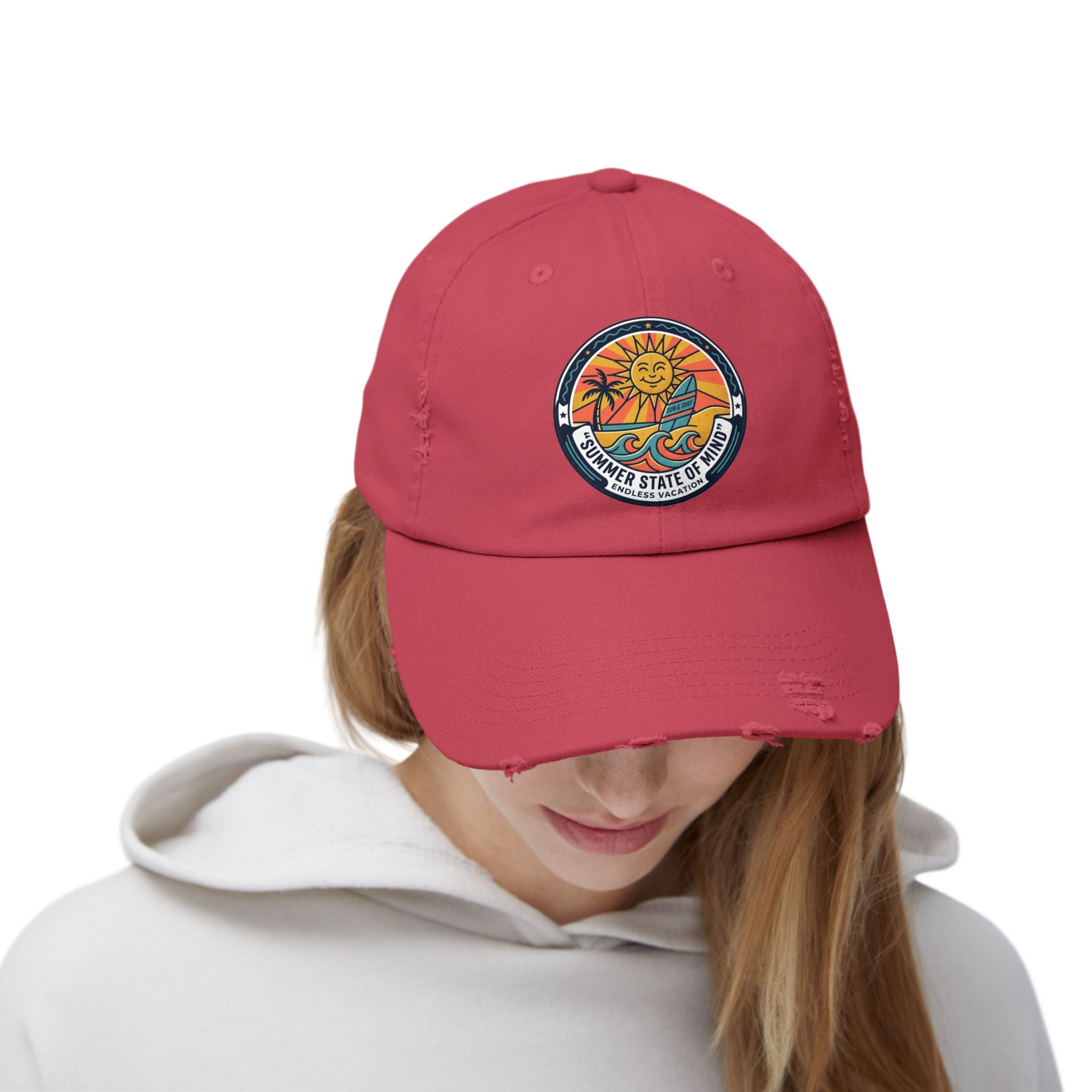 Vintage Surf Sun Patch Cap – "Summer State of Mind" Distressed Baseball Hat