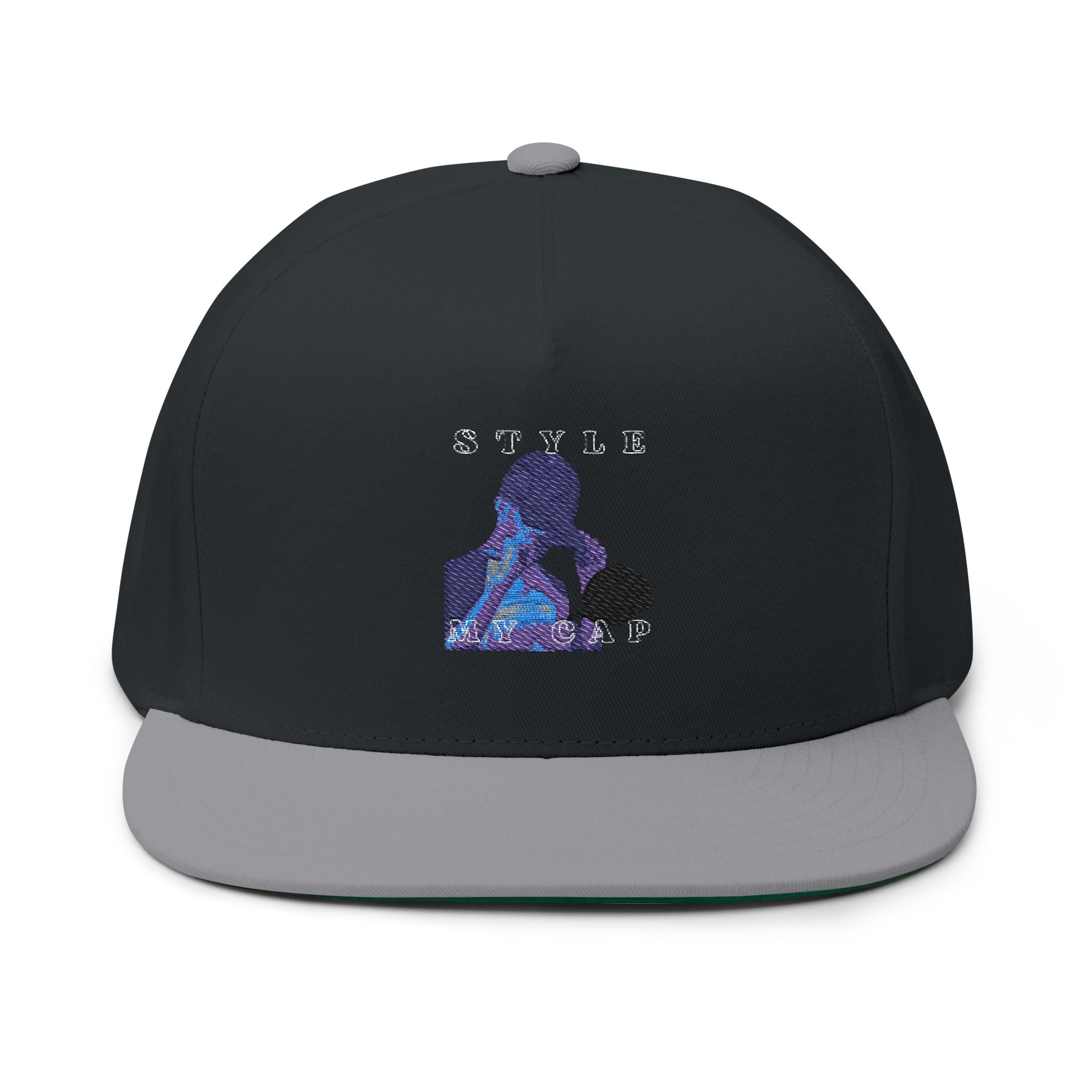 Embroidered Flat Bill Cap — Vintage Blue Silhouette Design