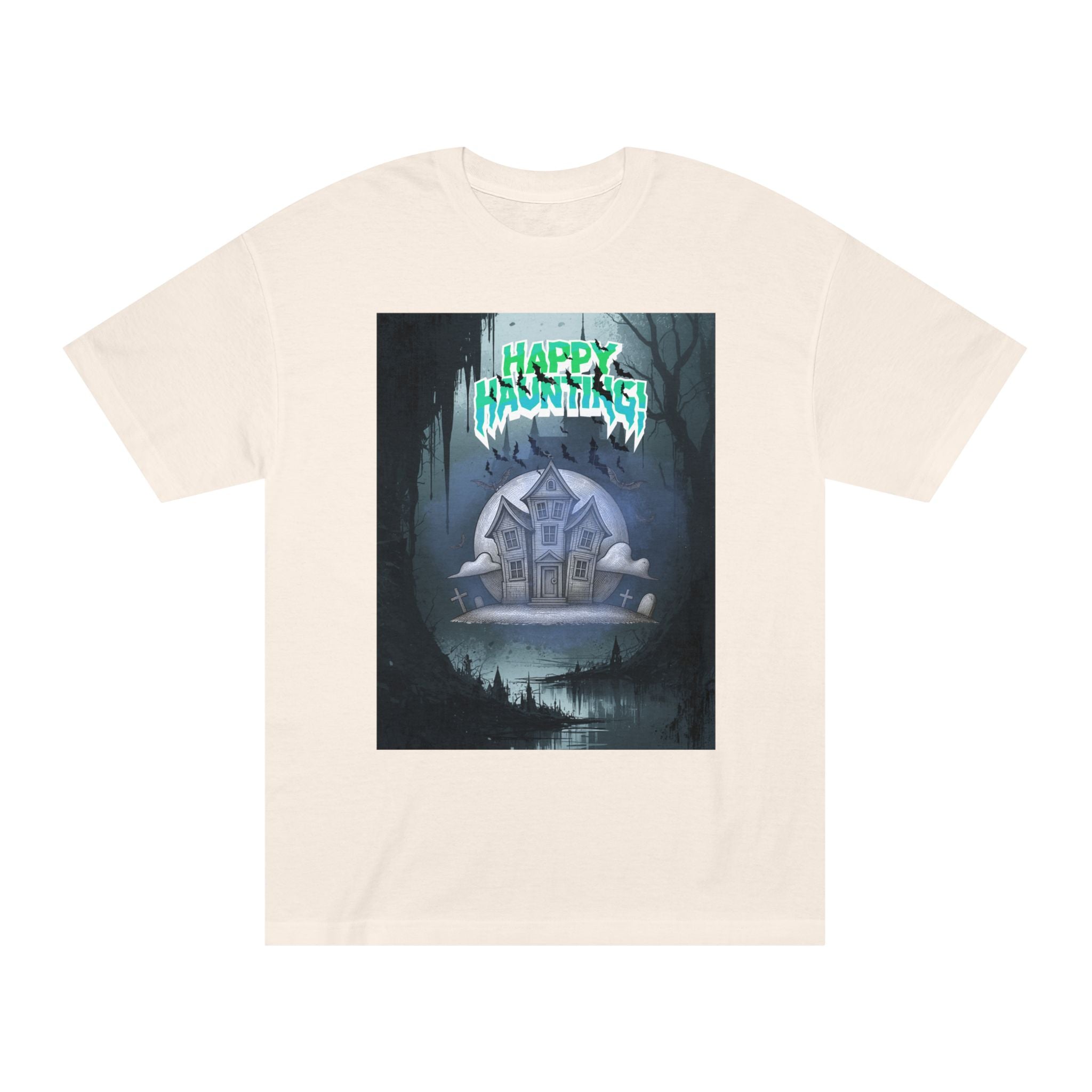 Halloween Haunted House Tee — "Happy Hauntings" Graphic Shirt