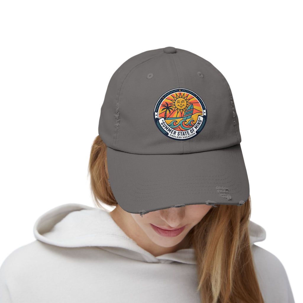 Vintage Surf Sun Patch Cap – "Summer State of Mind" Distressed Baseball Hat