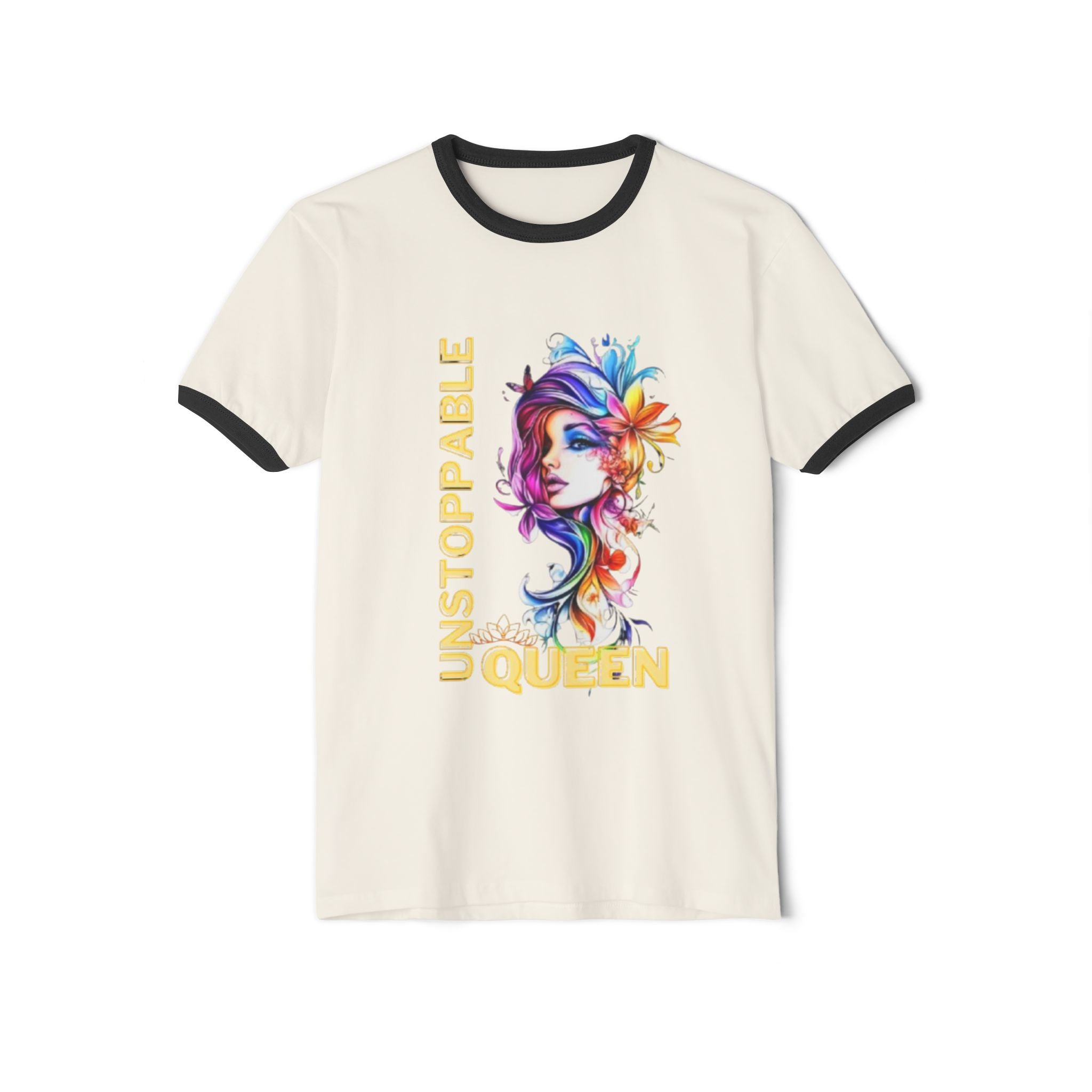 Ringer T‑Shirt — 'Unstoppable Queen' Colorful Floral Portrait Graphic