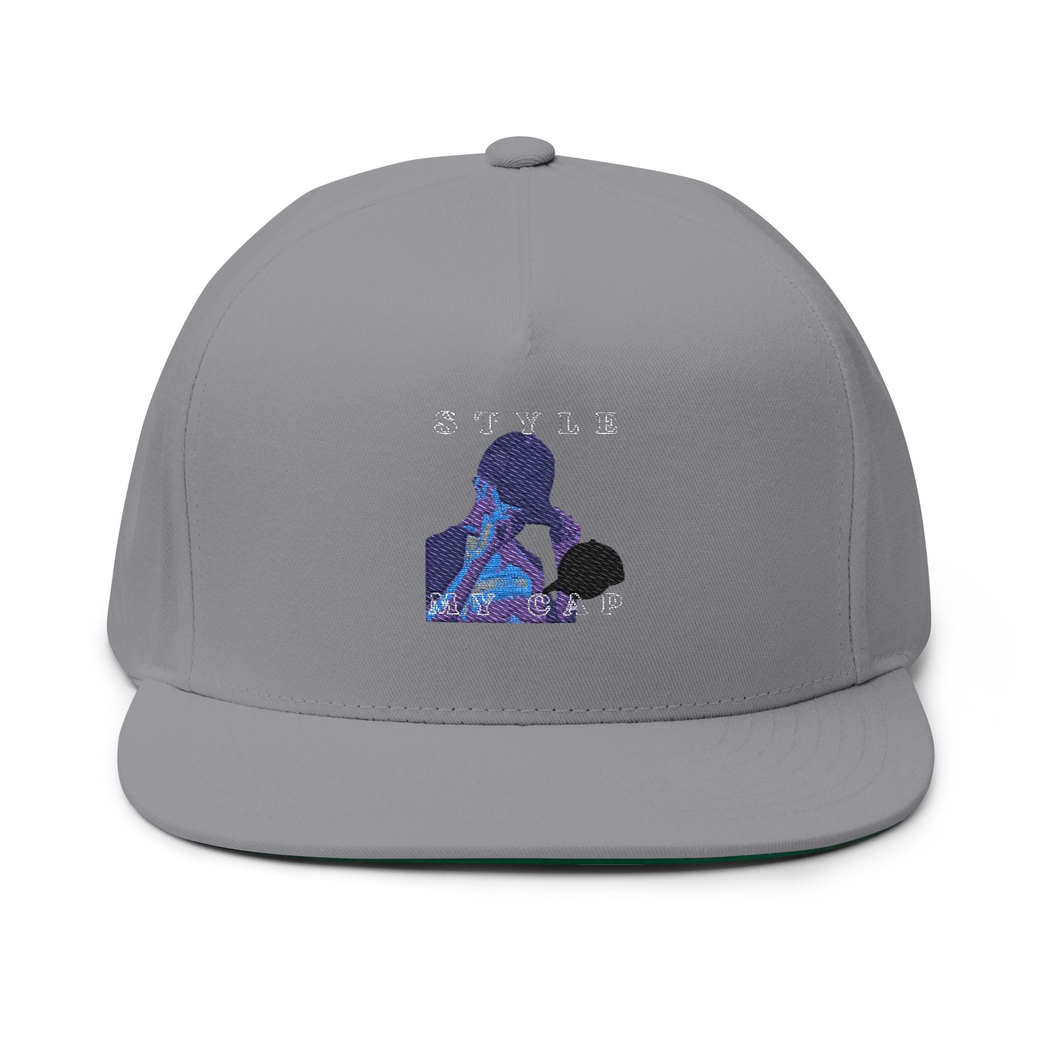 Embroidered Flat Bill Cap — Vintage Blue Silhouette Design
