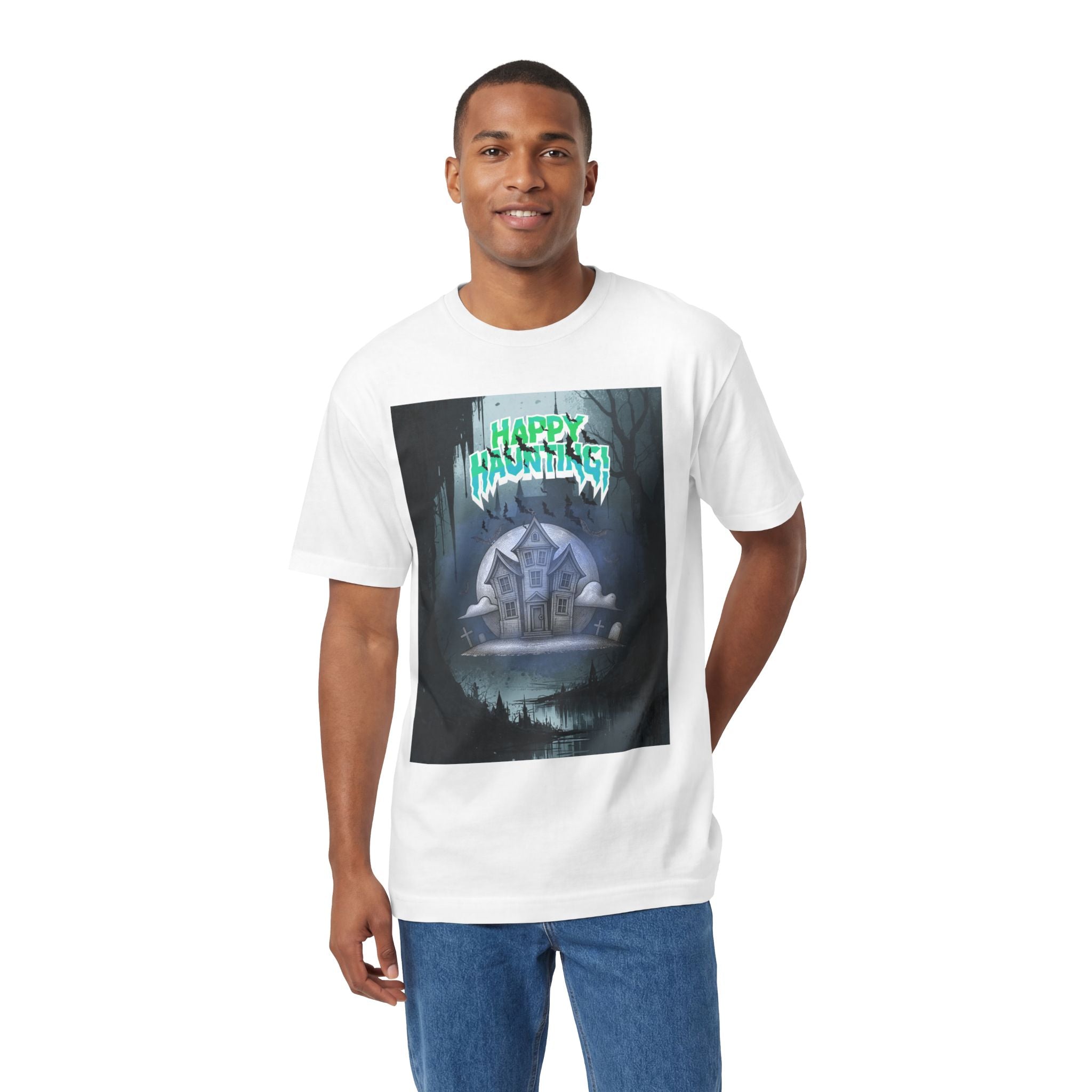 Halloween Haunted House Tee — "Happy Hauntings" Graphic Shirt