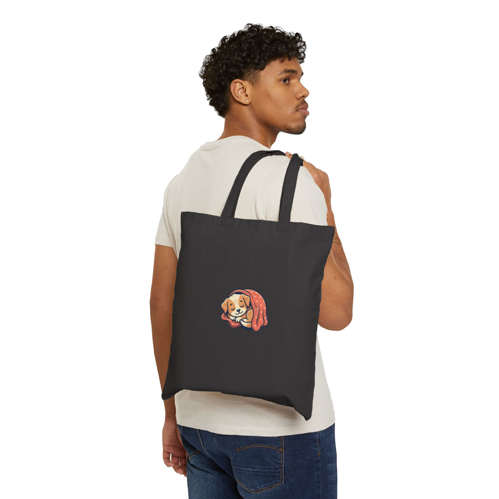 Sleepy Puppy in Blanket Cotton Canvas Tote Bag — Cute Dog Illustration Reusable Shopper