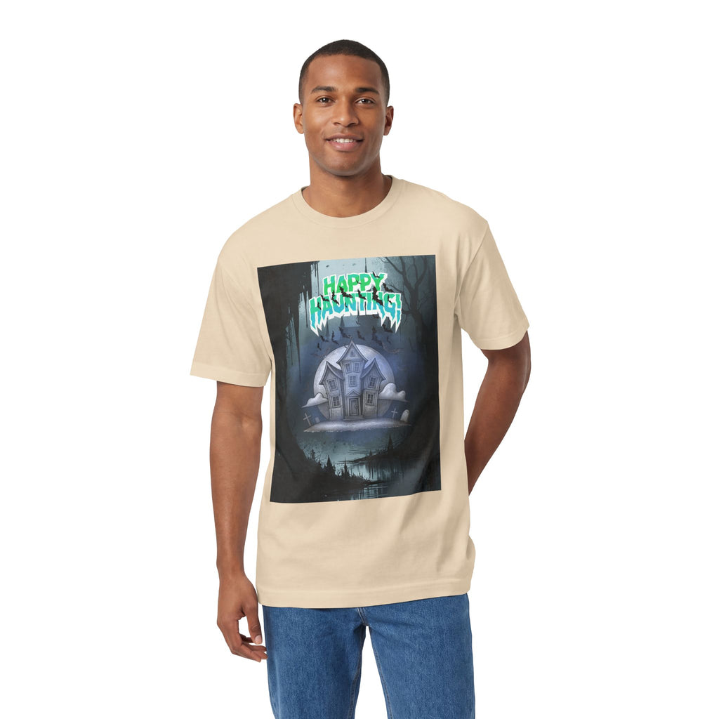 Halloween Haunted House Tee — "Happy Hauntings" Graphic Shirt