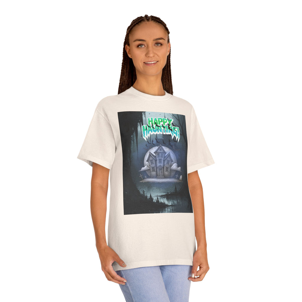 Halloween Haunted House Tee — "Happy Hauntings" Graphic Shirt