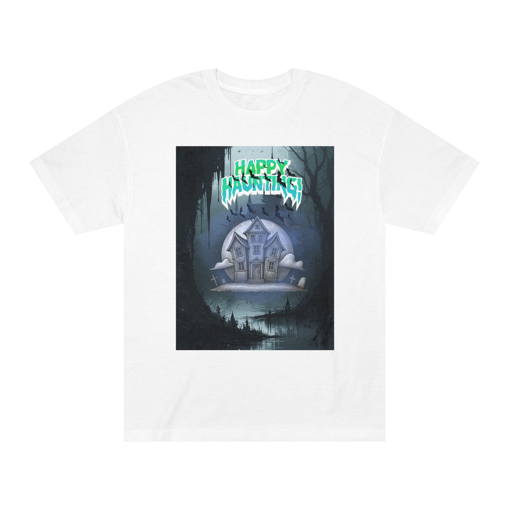 Halloween Haunted House Tee — "Happy Hauntings" Graphic Shirt